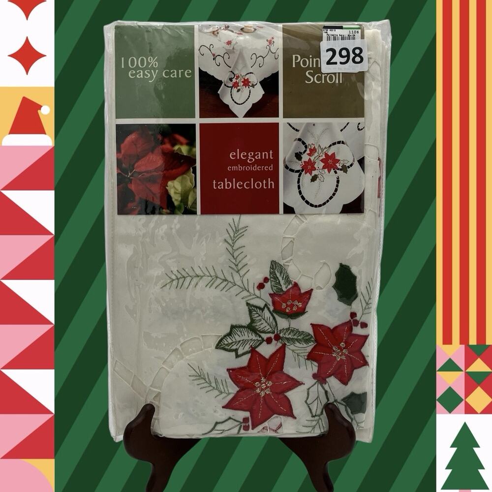 Homewear Holiday Collection Poinsettia Scroll CutworkTablecloth Oblong 60 X 104”